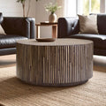 Natural Round Bamboo Inlay Coffee Table with Textured Sunburst Top, Bambusa - Joe’s Haven