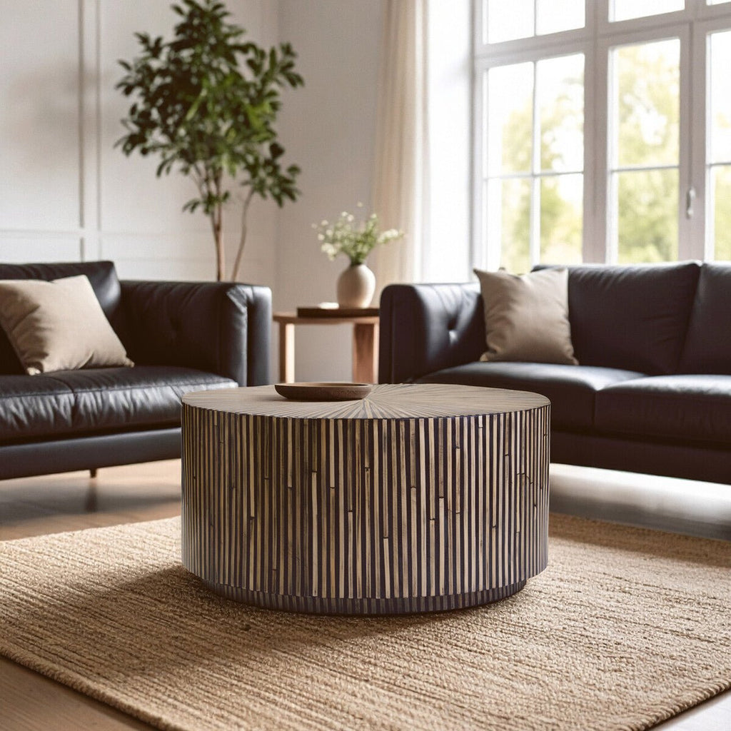 Natural Round Bamboo Inlay Coffee Table with Textured Sunburst Top, Bambusa - Joe’s Haven