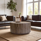 Natural Round Bamboo Inlay Coffee Table with Textured Sunburst Top, Bambusa - Joe’s Haven