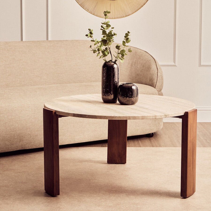 Natural Large Round Travertine Top Coffee Table with Brown Acacia Wood Legs | Palermo - Joe’s Haven
