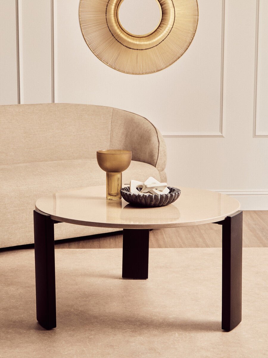Cream Round Marble Top Large Coffee Table with Black Acacia Legs, Palermo - Joe’s Haven