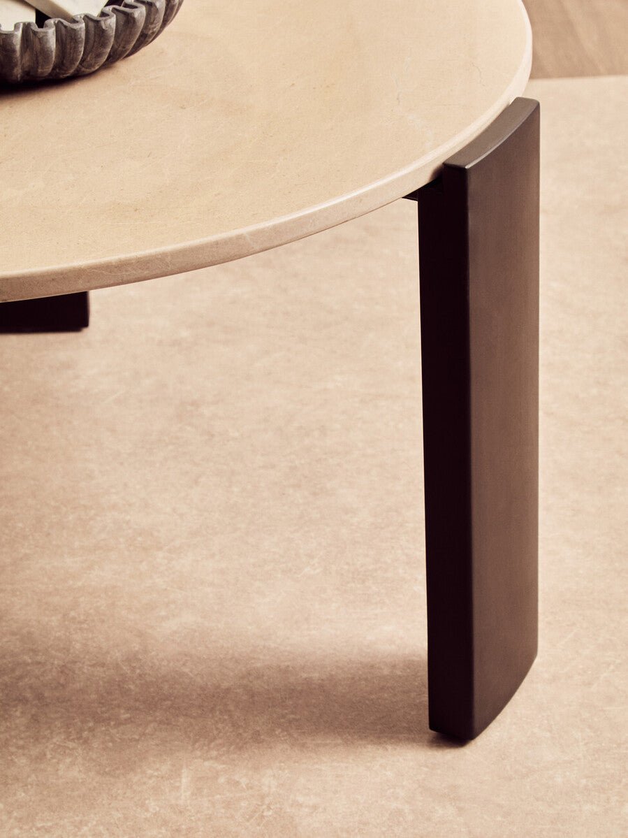 Cream Round Marble Top Large Coffee Table with Black Acacia Legs, Palermo - Joe’s Haven