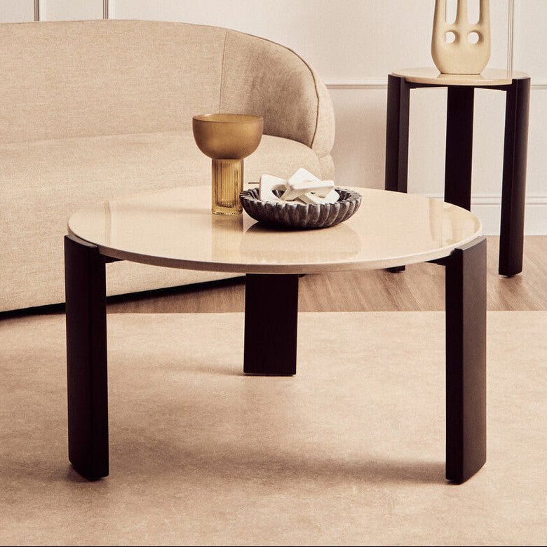 Cream Round Marble Top Large Coffee Table with Black Acacia Legs, Palermo - Joe’s Haven