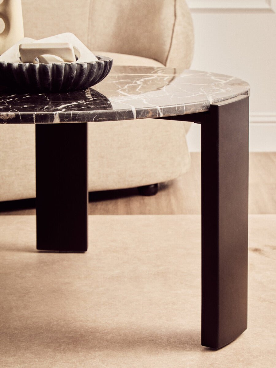 Black Round Marble Top Large Coffee Table with Black Acacia Legs, Palermo - Joe’s Haven