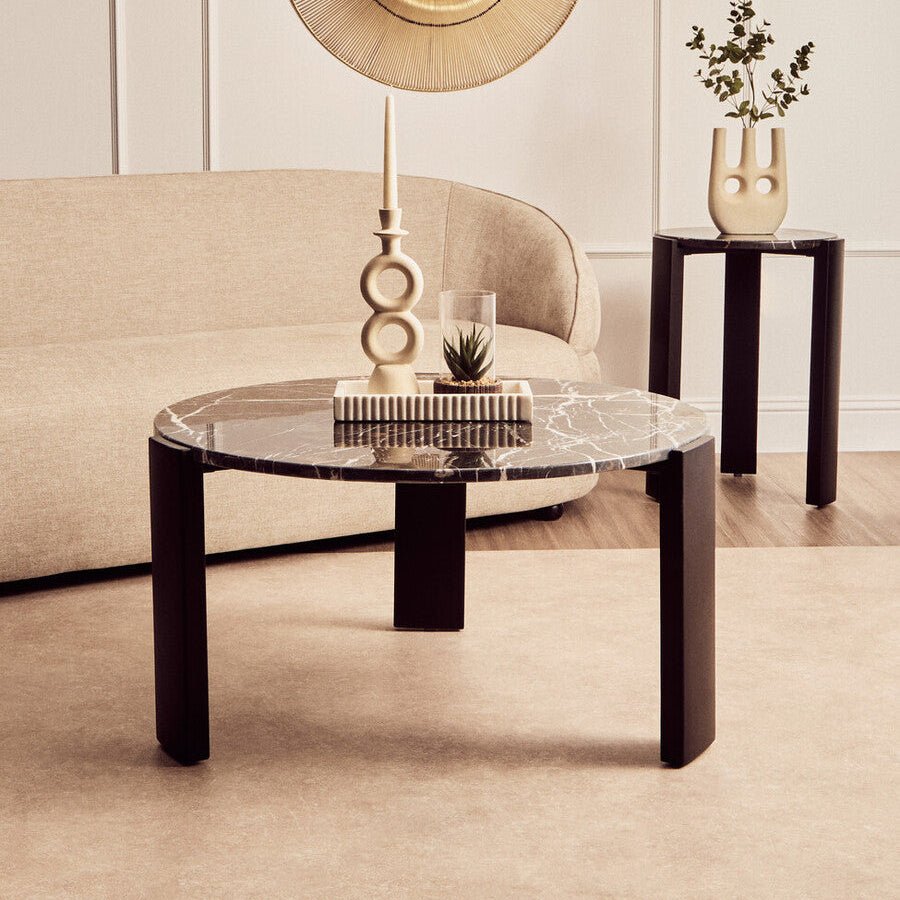 Black Round Marble Top Large Coffee Table with Black Acacia Legs, Palermo - Joe’s Haven