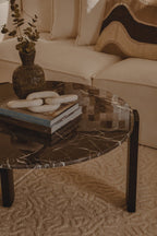 Black Round Marble Top Large Coffee Table with Black Acacia Legs, Palermo - Joe’s Haven