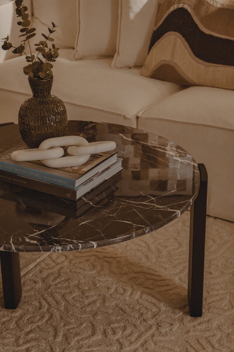 Black Round Marble Top Large Coffee Table with Black Acacia Legs, Palermo - Joe’s Haven