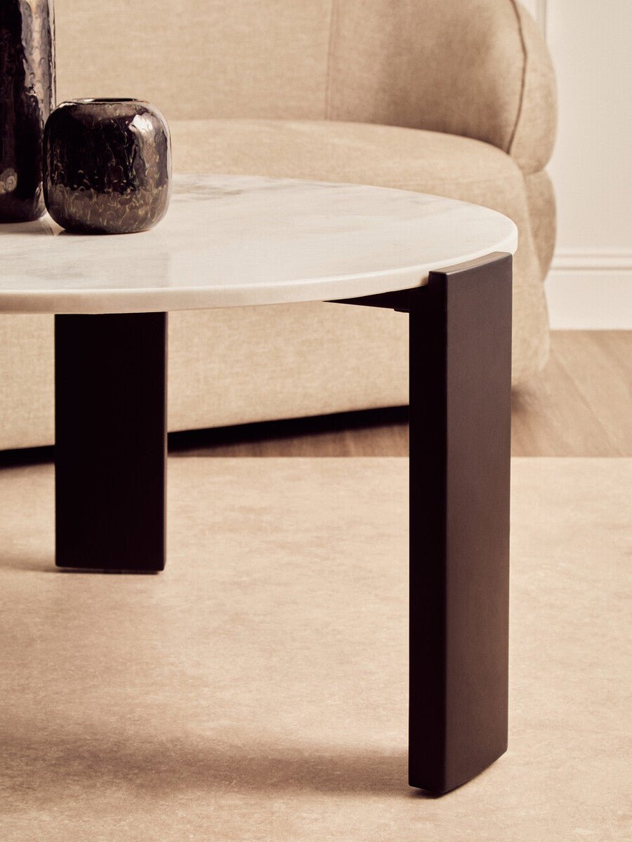 White Round Marble Top Large Coffee Table with Black Acacia Legs, Palermo - Joe’s Haven