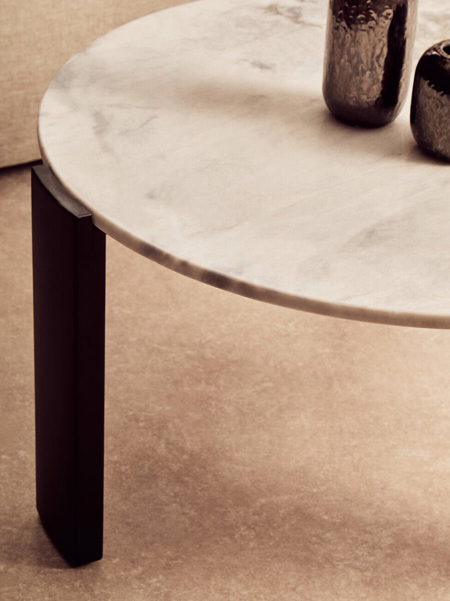 White Round Marble Top Large Coffee Table with Black Acacia Legs, Palermo - Joe’s Haven
