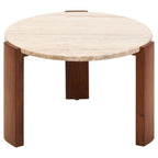 Cream Travertine Top Small Round Coffee Table with Natural Brown Acacia Wood Legs, Palermo - Joe’s Haven