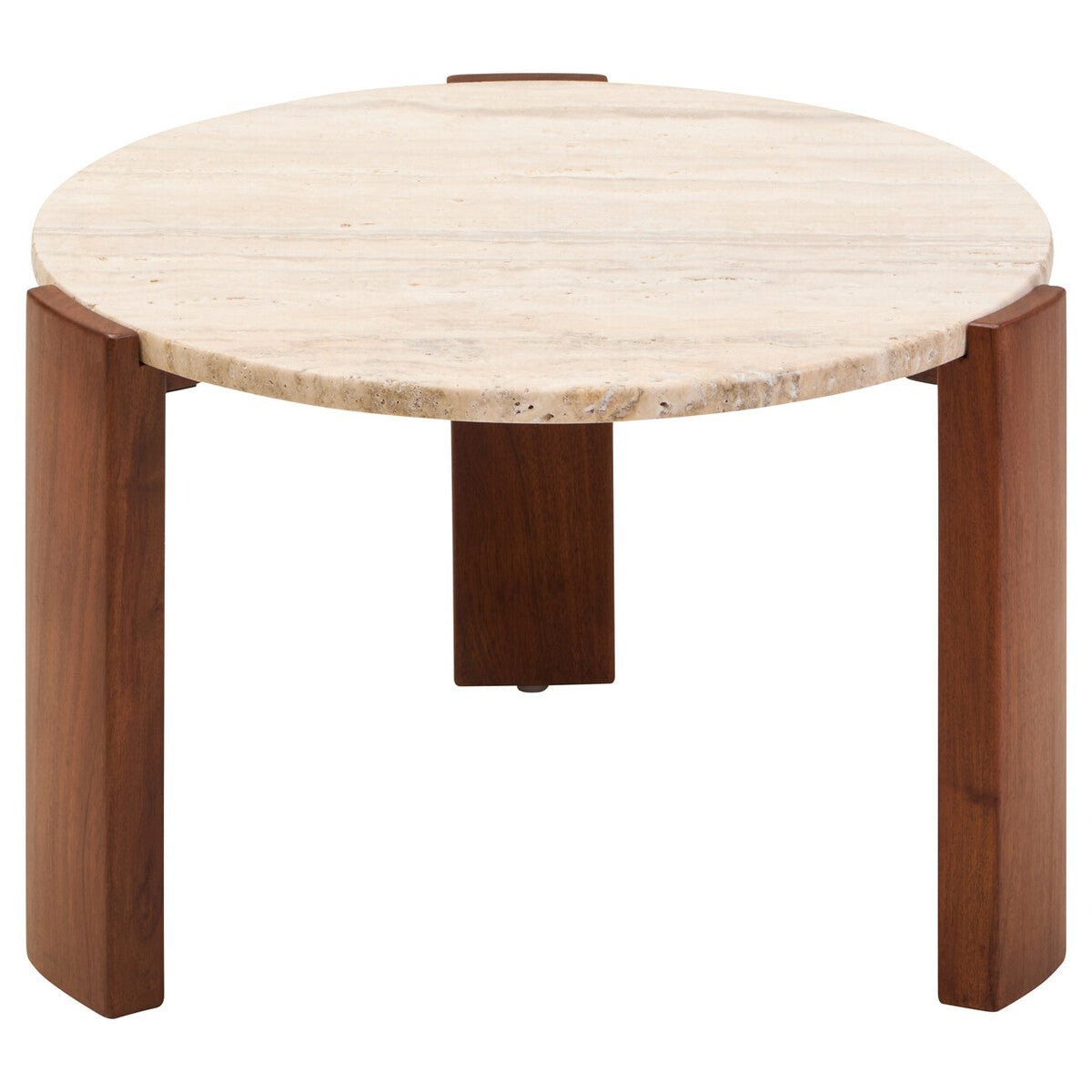 Cream Travertine Top Small Round Coffee Table with Natural Brown Acacia Wood Legs, Palermo - Joe’s Haven
