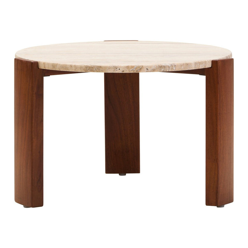 Cream Travertine Top Small Round Coffee Table with Natural Brown Acacia Wood Legs, Palermo - Joe’s Haven