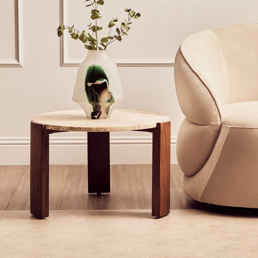 Palermo Natural Wood With Travertine Top Small Round Marble Coffee Table - Joe’s Haven