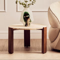 Cream Travertine Top Small Round Coffee Table with Natural Brown Acacia Wood Legs, Palermo - Joe’s Haven