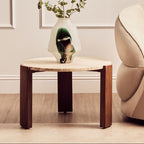 Cream Travertine Top Small Round Coffee Table with Natural Brown Acacia Wood Legs, Palermo - Joe’s Haven