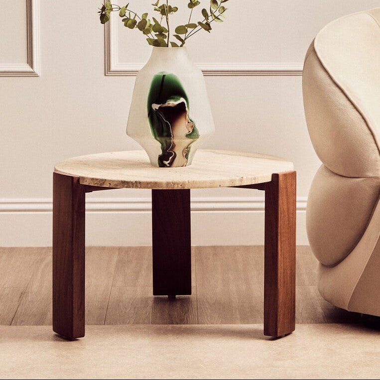 Cream Travertine Top Small Round Coffee Table with Natural Brown Acacia Wood Legs, Palermo - Joe’s Haven