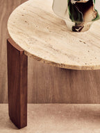 Cream Travertine Top Small Round Coffee Table with Natural Brown Acacia Wood Legs, Palermo - Joe’s Haven