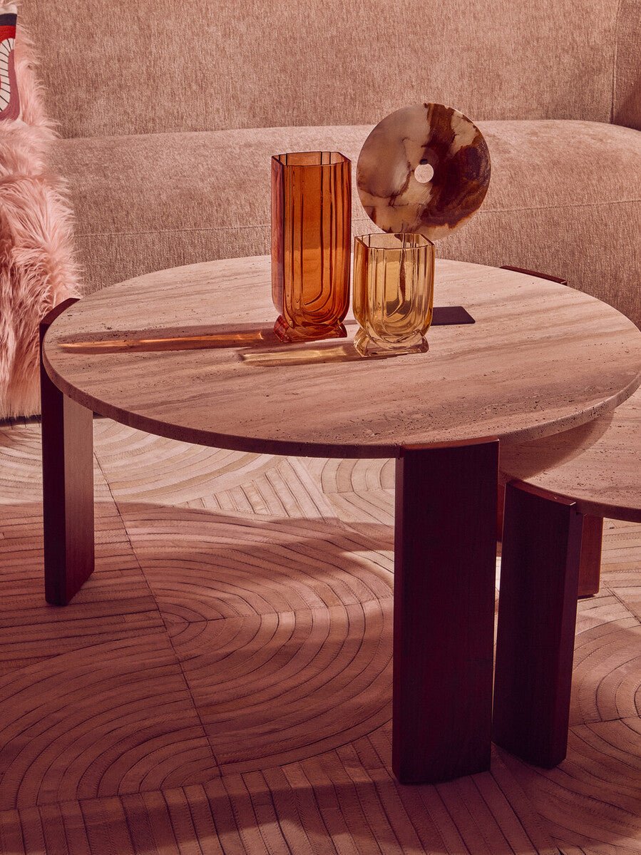 Cream Travertine Top Small Round Coffee Table with Natural Brown Acacia Wood Legs, Palermo - Joe’s Haven