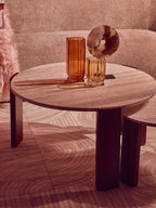 Cream Travertine Top Small Round Coffee Table with Natural Brown Acacia Wood Legs, Palermo - Joe’s Haven