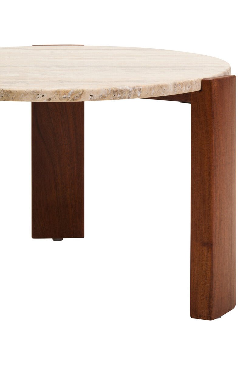 Cream Travertine Top Small Round Coffee Table with Natural Brown Acacia Wood Legs, Palermo - Joe’s Haven
