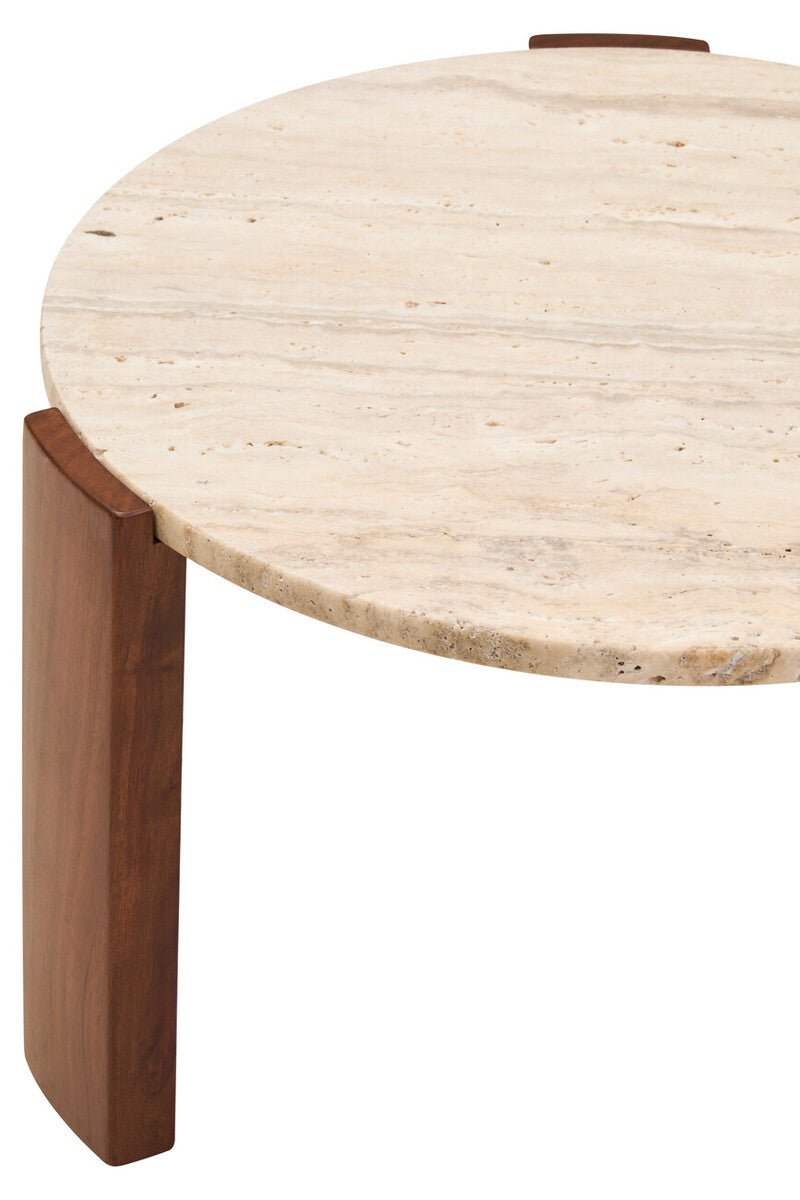 Cream Travertine Top Small Round Coffee Table with Natural Brown Acacia Wood Legs, Palermo - Joe’s Haven