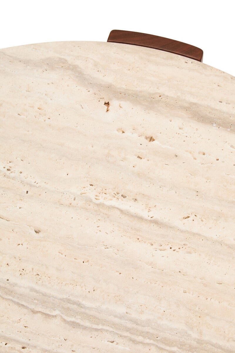 Cream Travertine Top Small Round Coffee Table with Natural Brown Acacia Wood Legs, Palermo - Joe’s Haven