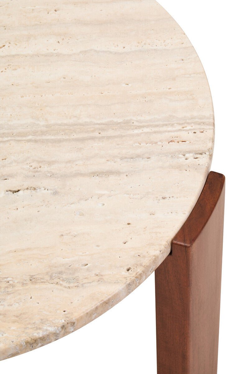 Cream Travertine Top Small Round Coffee Table with Natural Brown Acacia Wood Legs, Palermo - Joe’s Haven