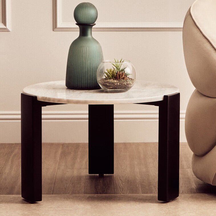 White Round Marble Top Small Coffee Table with Black Acacia Legs, Palermo - Joe’s Haven
