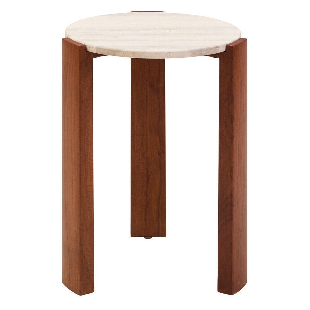 Cream Travertine Top Round Side Table with Natural Brown Acacia Wood Base, Palermo - Joe’s Haven
