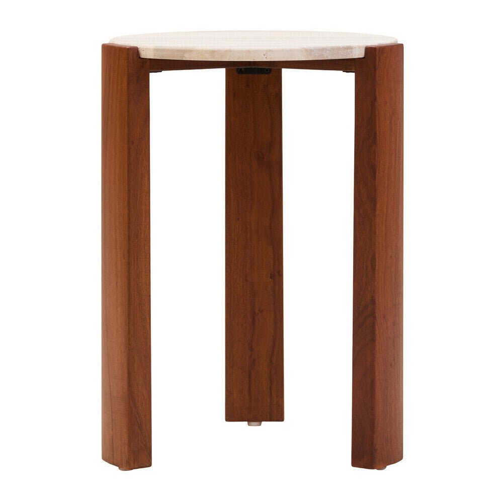 Cream Travertine Top Round Side Table with Natural Brown Acacia Wood Base, Palermo - Joe’s Haven