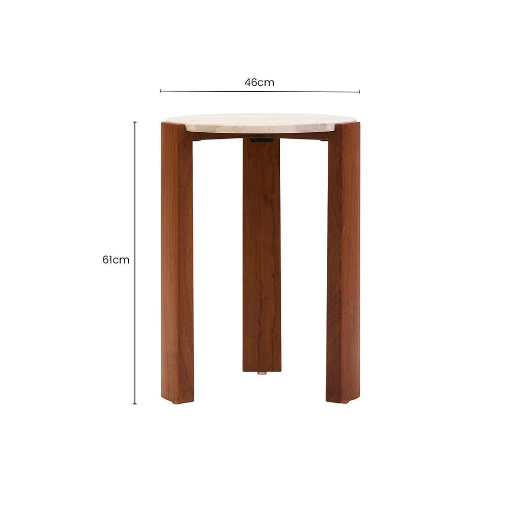 Cream Travertine Top Round Side Table with Natural Brown Acacia Wood Base, Palermo - Joe’s Haven