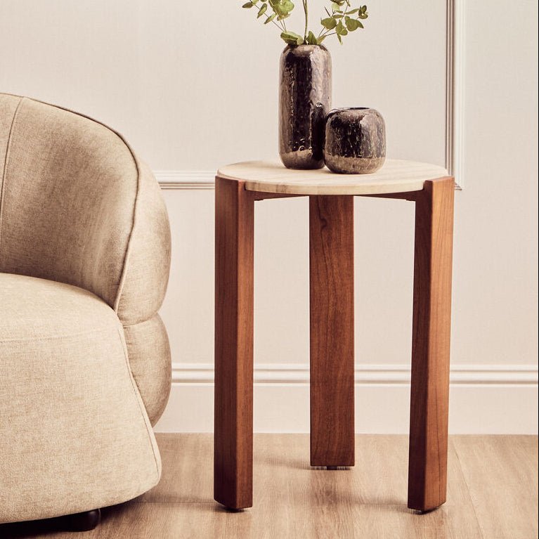 Cream Travertine Top Round Side Table with Natural Brown Acacia Wood Base, Palermo - Joe’s Haven