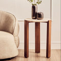 Cream Travertine Top Round Side Table with Natural Brown Acacia Wood Base, Palermo - Joe’s Haven