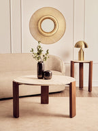 Cream Travertine Top Round Side Table with Natural Brown Acacia Wood Base, Palermo - Joe’s Haven
