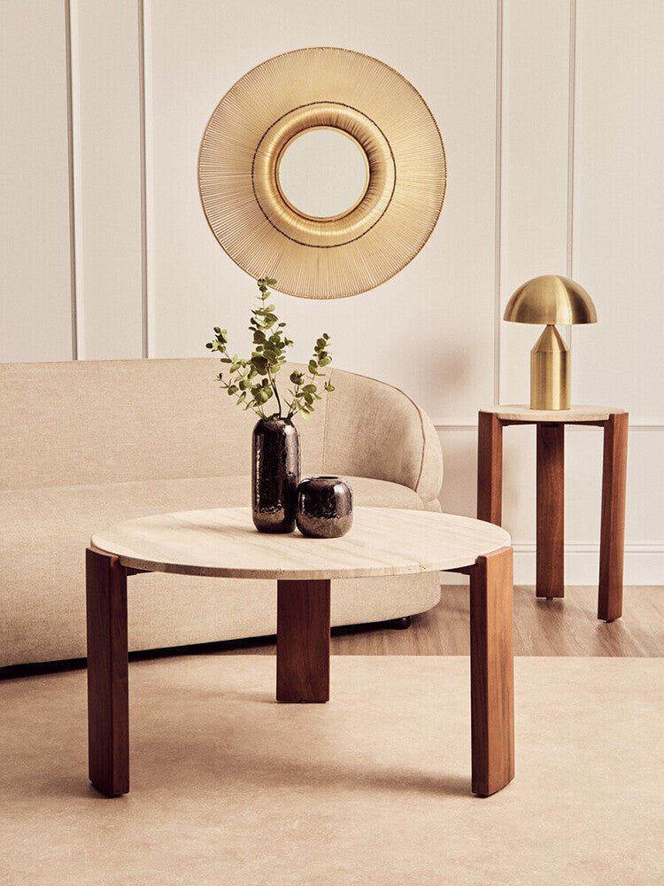 Cream Travertine Top Round Side Table with Natural Brown Acacia Wood Base, Palermo - Joe’s Haven