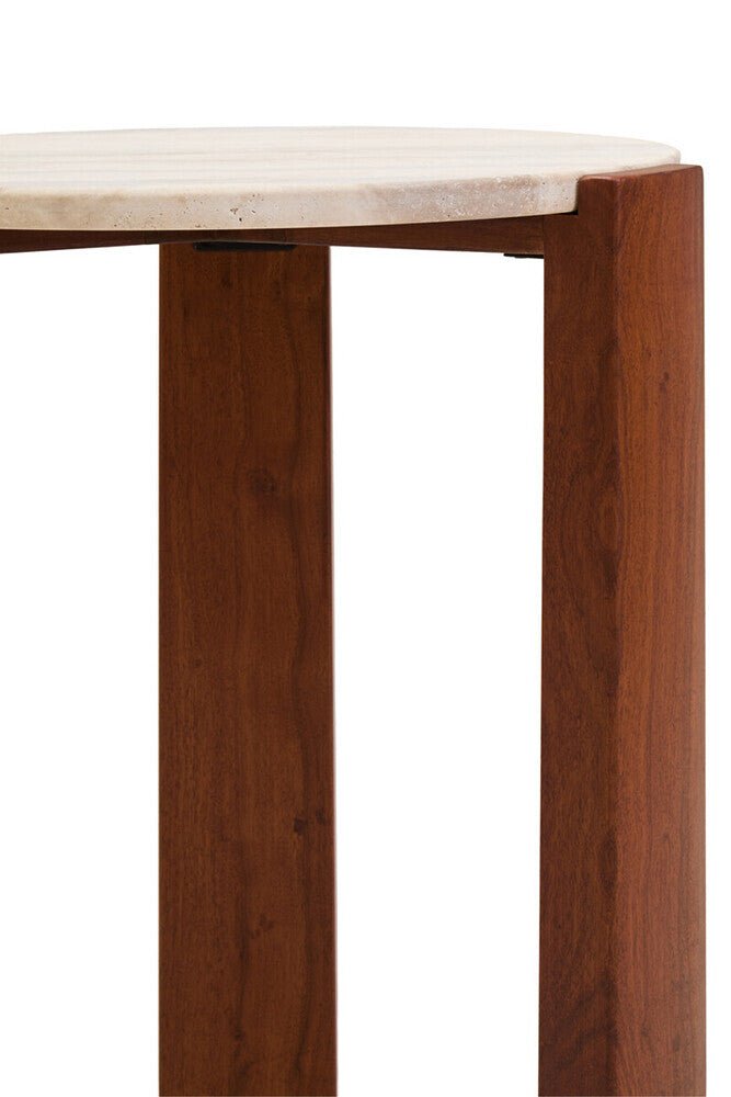 Cream Travertine Top Round Side Table with Natural Brown Acacia Wood Base, Palermo - Joe’s Haven