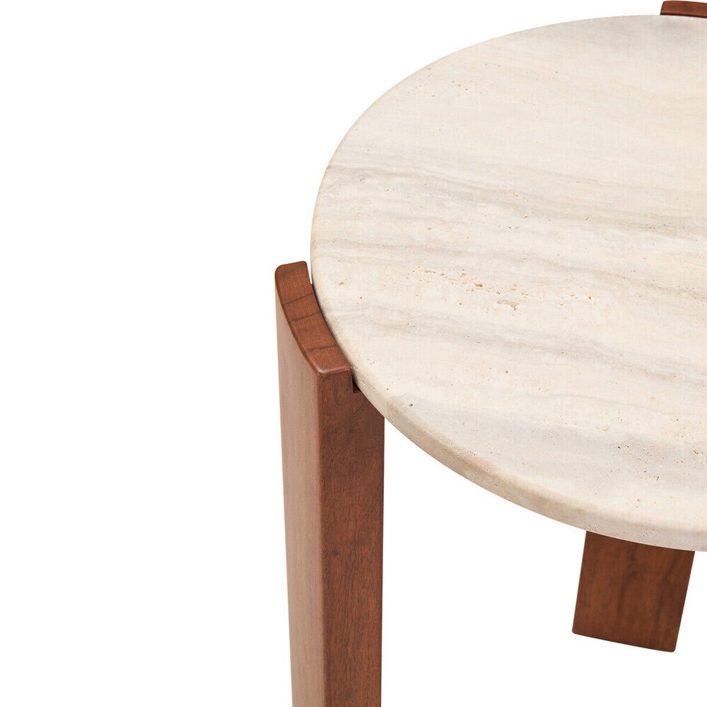 Cream Travertine Top Round Side Table with Natural Brown Acacia Wood Base, Palermo - Joe’s Haven