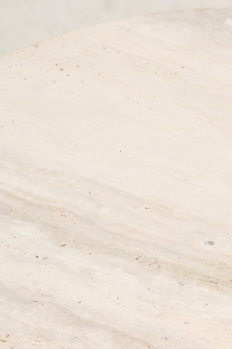 Cream Travertine Top Round Side Table with Natural Brown Acacia Wood Base, Palermo - Joe’s Haven
