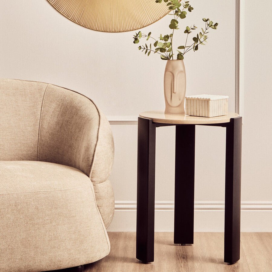 Cream Marble Top Round Side Table with Black Acacia Wood Legs, Palermo - Joe’s Haven