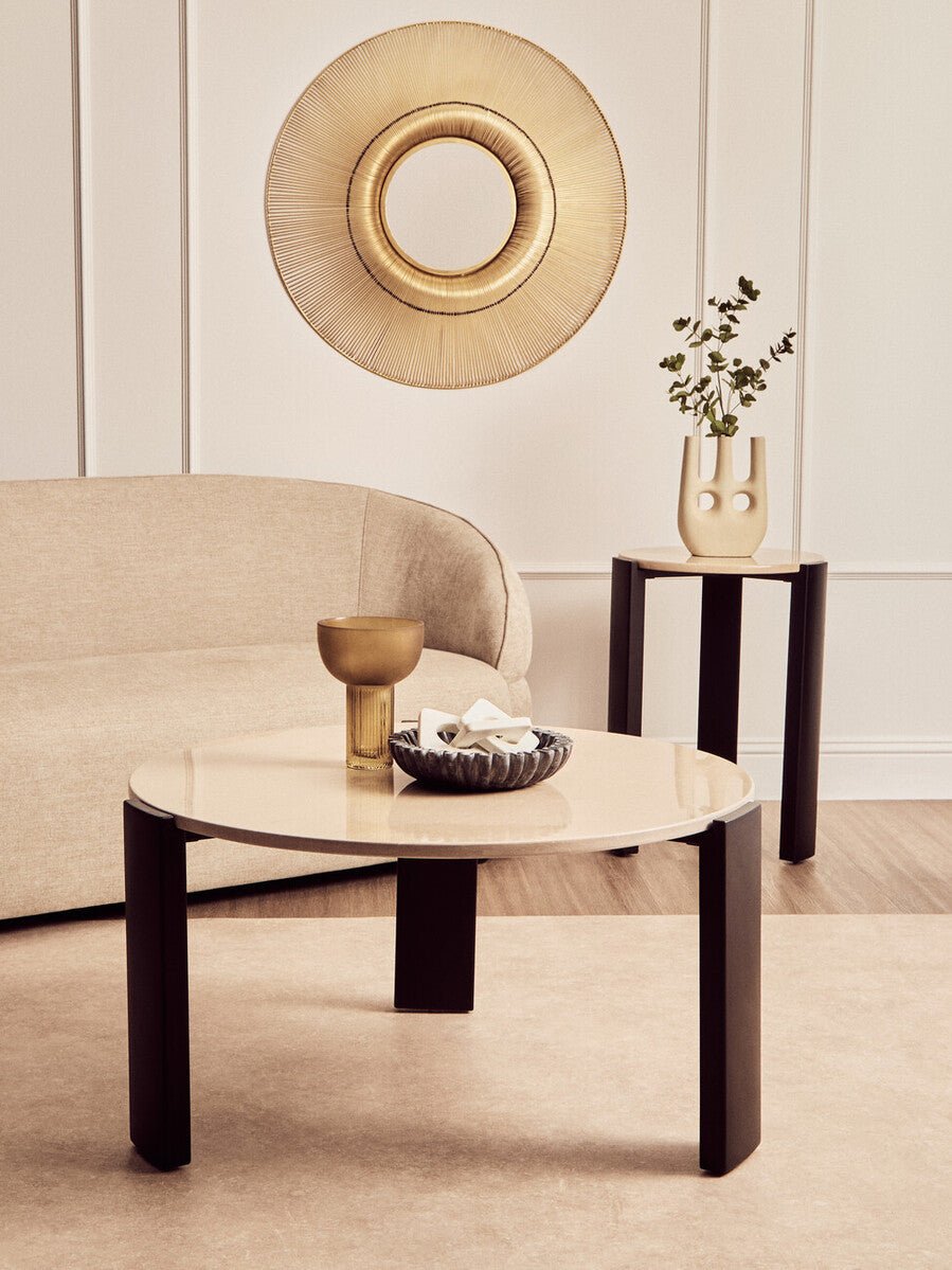 Cream Marble Top Round Side Table with Black Acacia Wood Legs, Palermo - Joe’s Haven