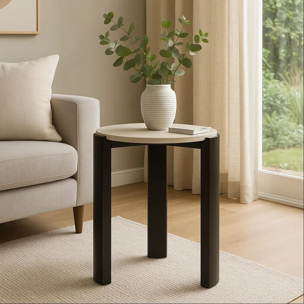 Cream Marble Top Round Side Table with Black Acacia Wood Legs, Palermo - Joe’s Haven
