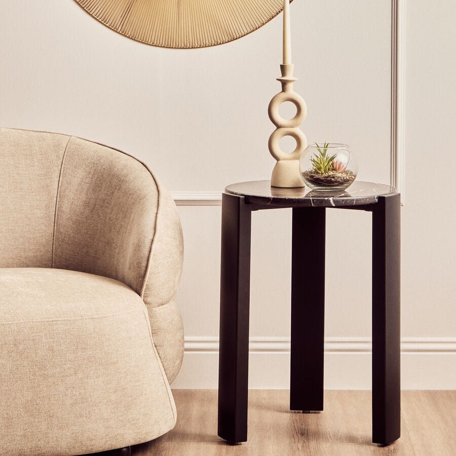 Black Marble Top Round Side Table with Black Acacia Wood Legs, Palermo - Joe’s Haven