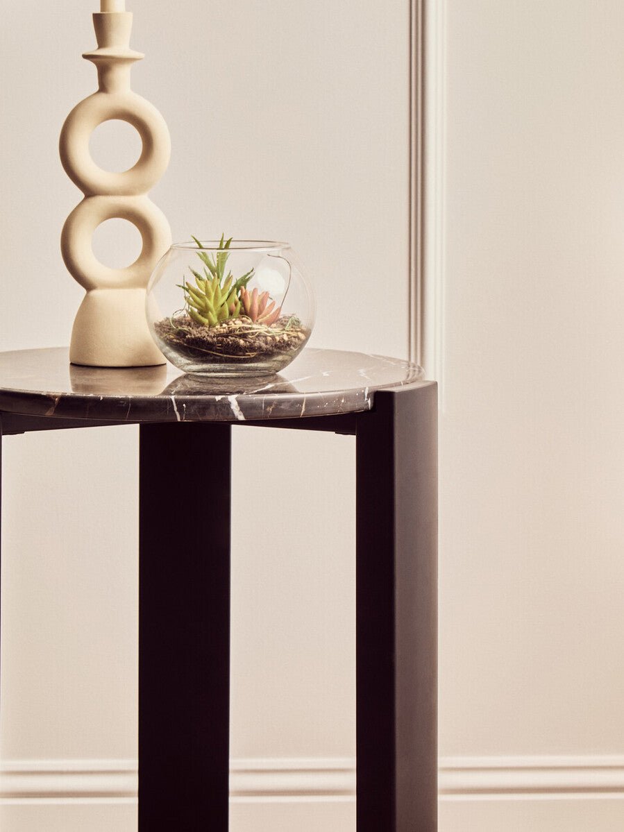 Black Marble Top Round Side Table with Black Acacia Wood Legs, Palermo - Joe’s Haven