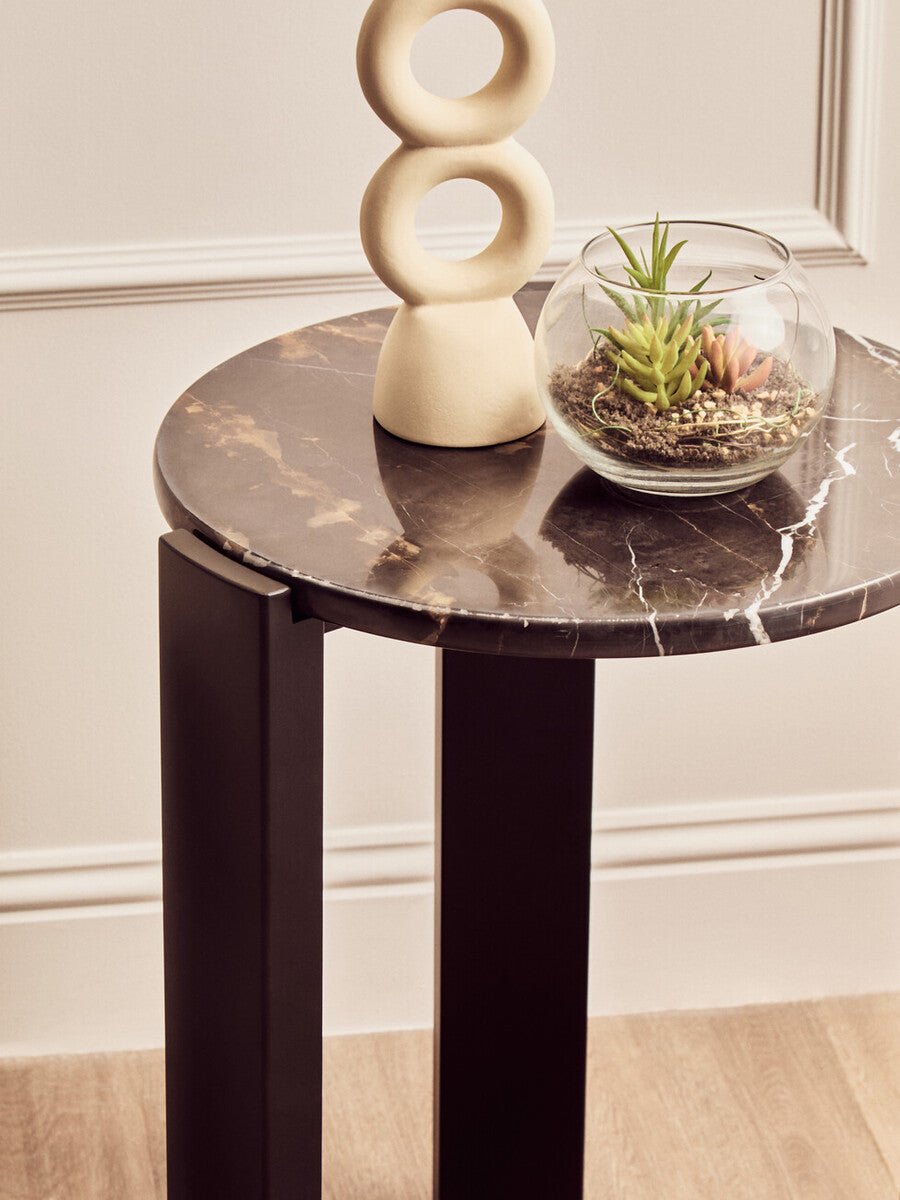 Black Marble Top Round Side Table with Black Acacia Wood Legs, Palermo - Joe’s Haven