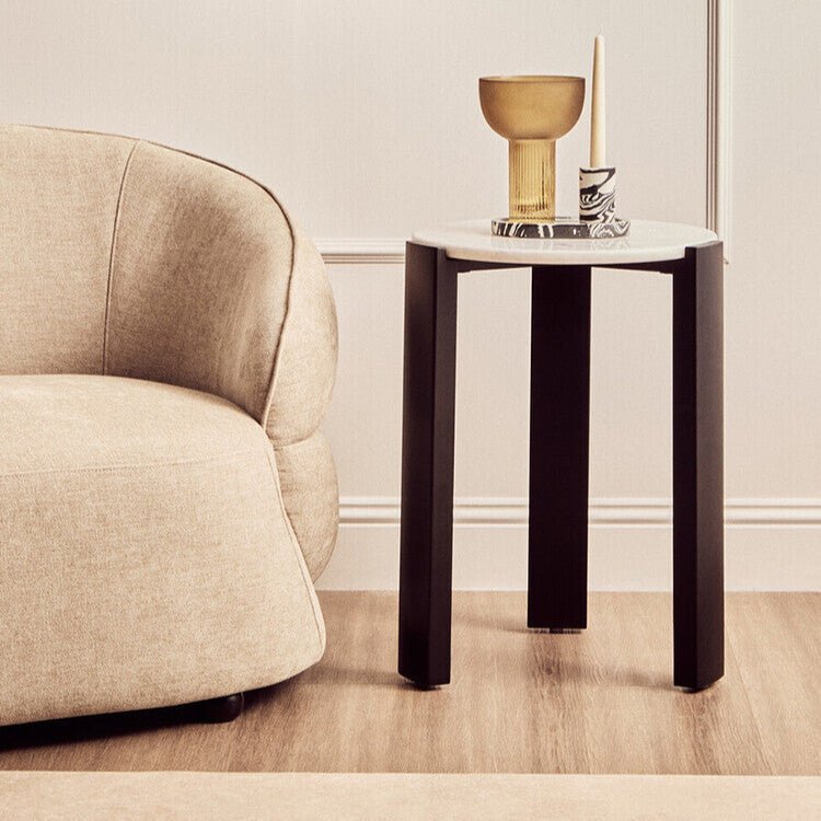 White Marble Top Round Side Table with Black Acacia Wood Legs, Palermo - Joe’s Haven