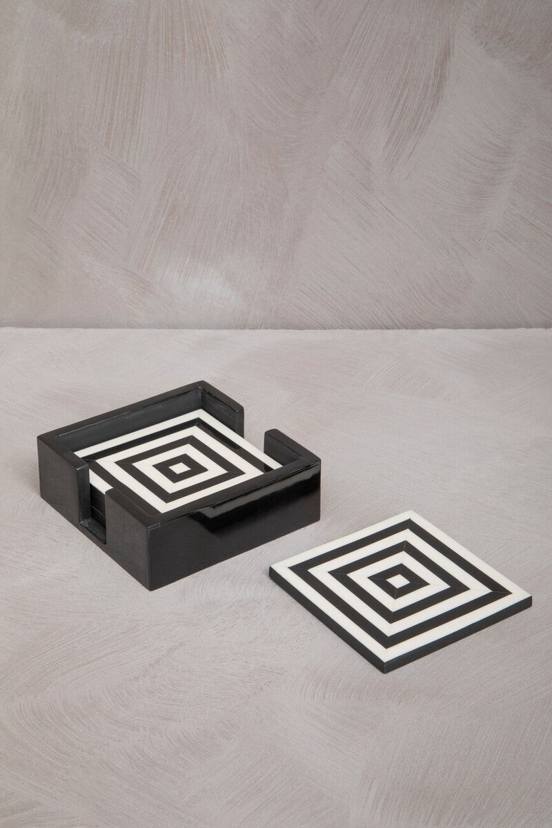 Donato Set of 4 Black and White Stripe Coasters with Holder - Joe’s Haven