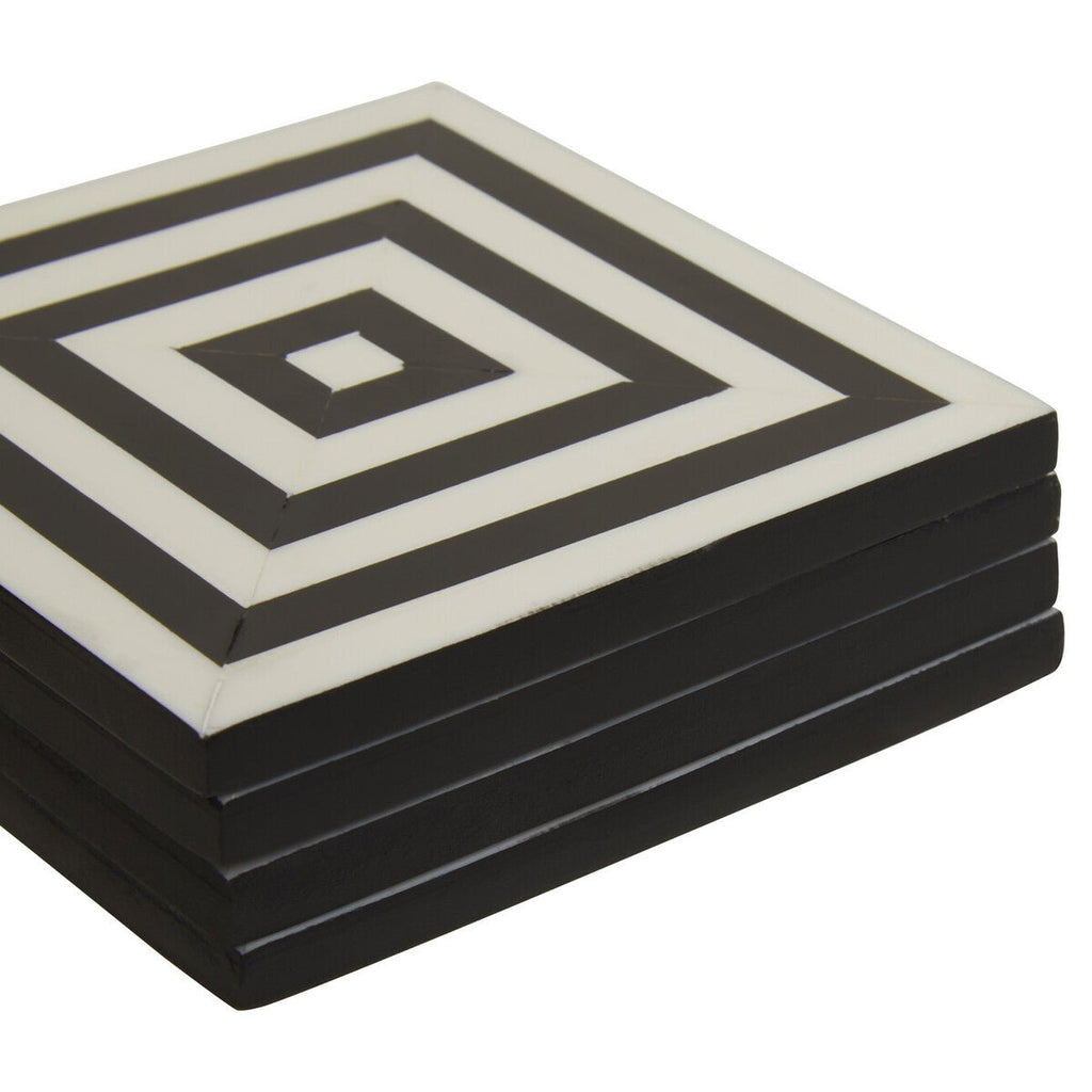 Donato Set of 4 Black and White Stripe Coasters with Holder - Joe’s Haven
