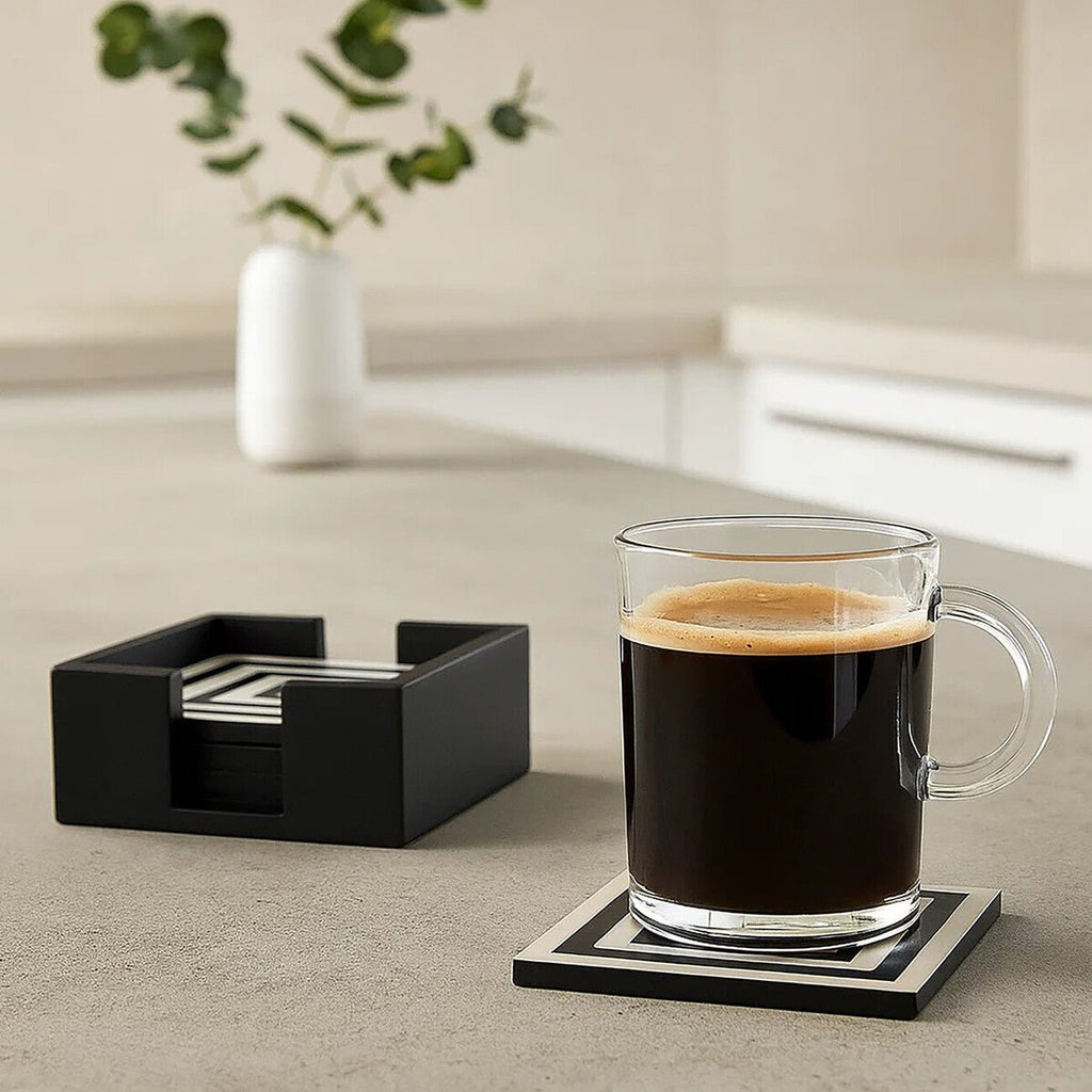 Donato Set of 4 Black and White Stripe Coasters with Holder - Joe’s Haven