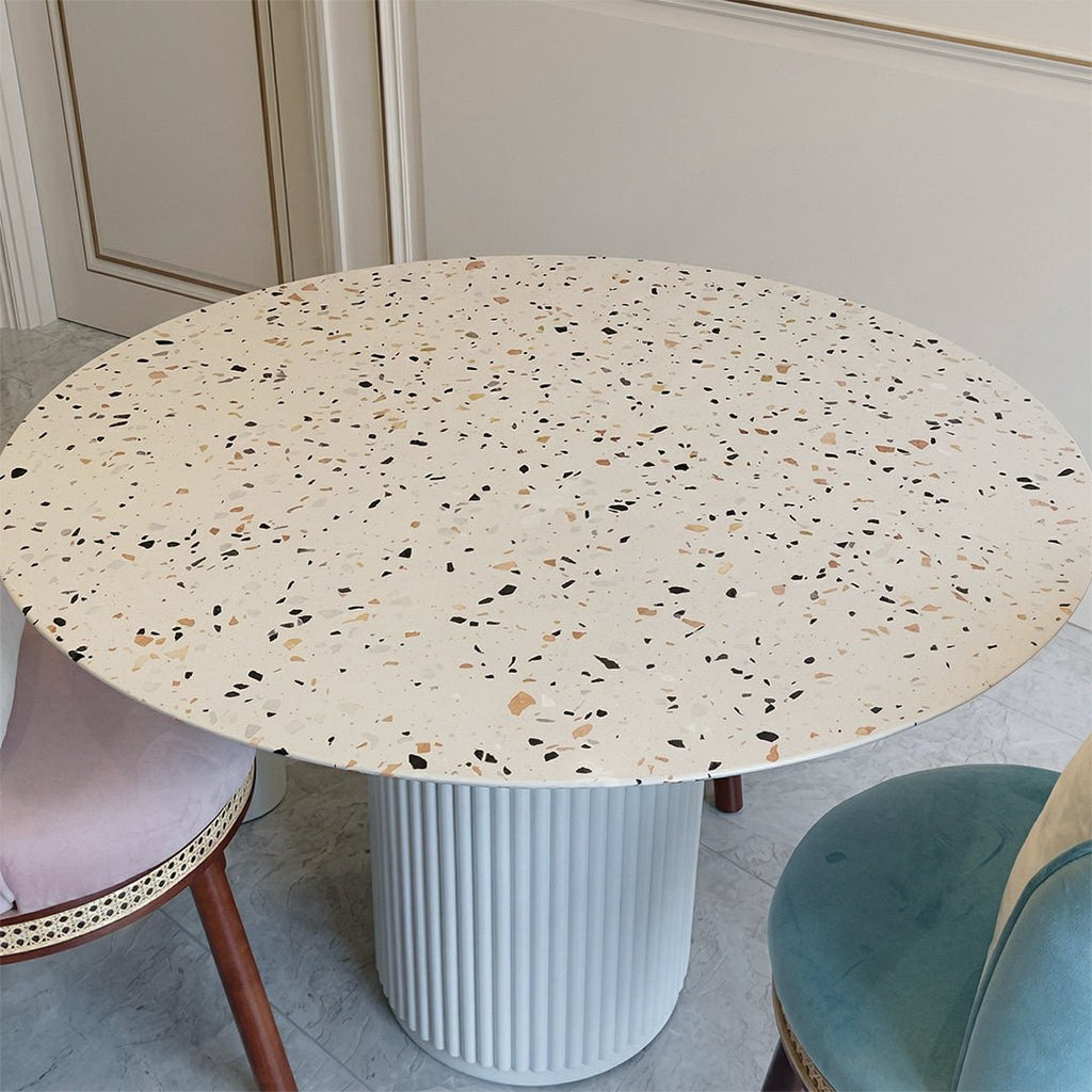 Cracky White Round Dining Table, Premium Terrazzo And Wood Base - Joe’s Haven