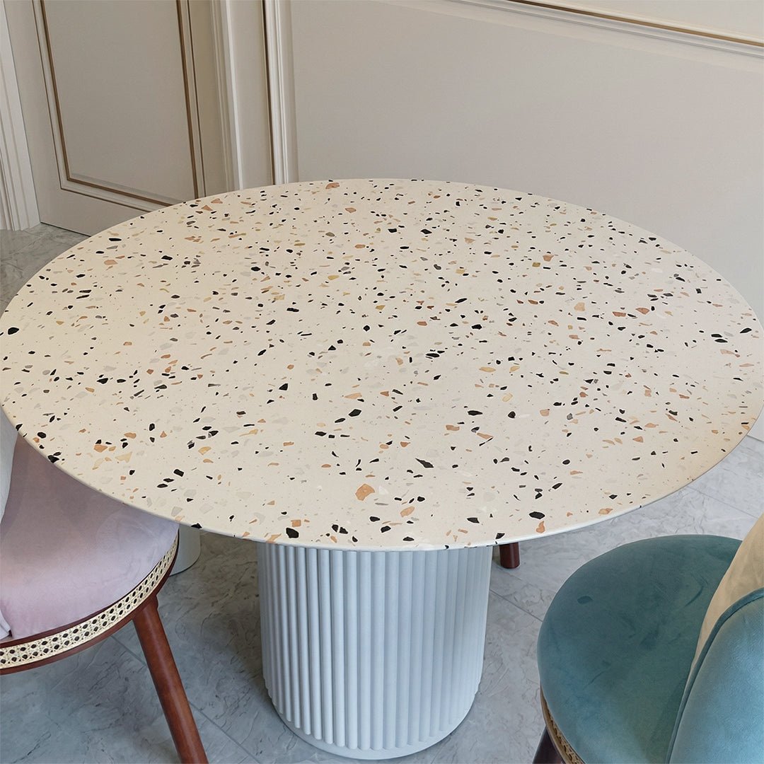 Cracky White Round Dining Table, Premium Terrazzo And Wood Base - Joe’s Haven